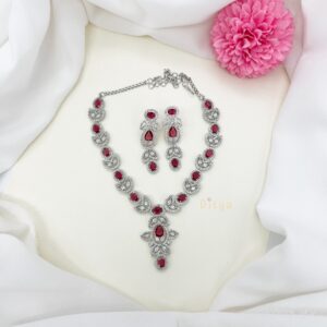 Ruby Pink Oval Shape Stone with Crystal Leaf Shape AD Neckset
