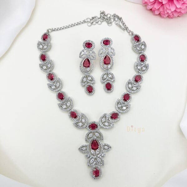 Ruby Pink Oval Shape Stone with Crystal Leaf Shape AD Neckset - Image 2