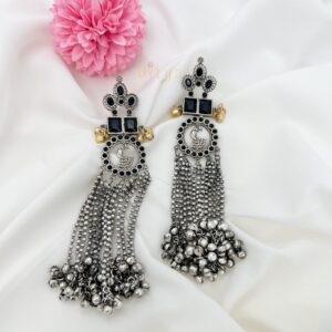 Black Stone with Long Hanging Silver Replica Earrings