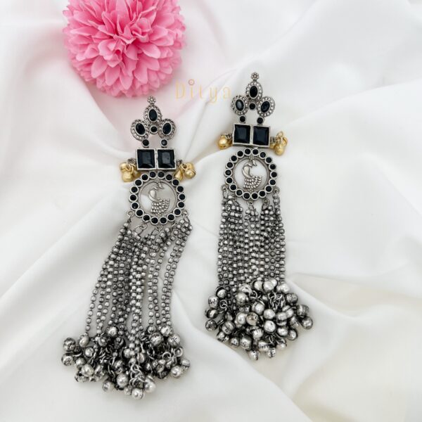 Black Stone with Long Hanging Silver Replica Earrings