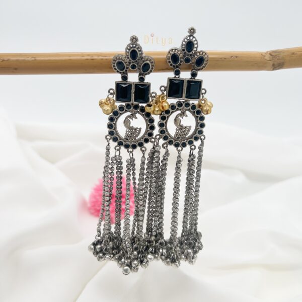 Black Stone with Long Hanging Silver Replica Earrings - Image 2