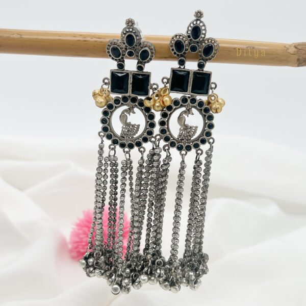 Black Stone with Long Hanging Silver Replica Earrings - Image 3