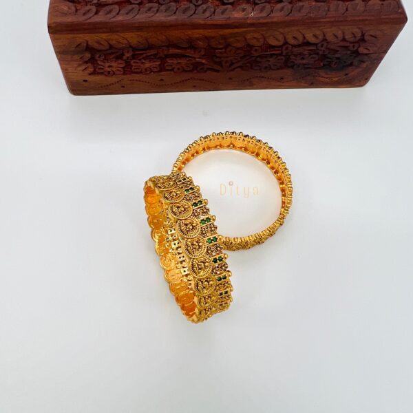 Antique Lakshmi Coin Bangles - Green Stones
