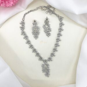 Leaf Designer AD Stones Silver/Rhodium Polish Necklace