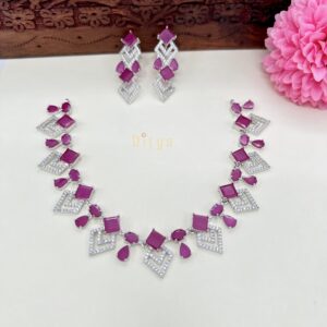 Square & Teardrop Fuchsia Pink AD Stones Necklace