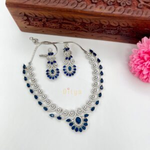 Tear drop & Oval Shaped Swirl Pattern AD Stones Necklace - Deep Blue