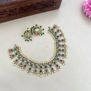 Traditional Ruby and Emerald Antique Necklace with Pearl Drops